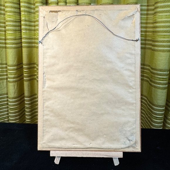 Vintage 1970s needlework art, Girl with Green Hat, faux bamboo wood framed - Picture 4 of 4